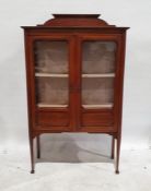Early 20th century mahogany display cabinet with twin glazed doors enclosing shelves, tapering