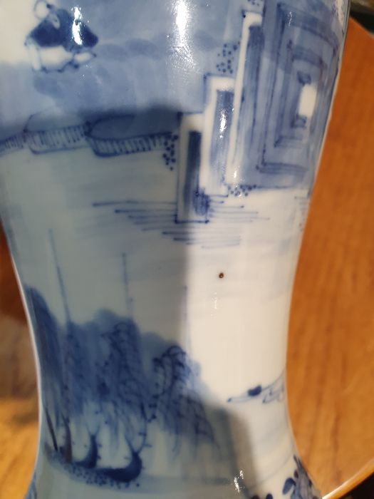 Chinese blue and white vase of baluster form decorated with pagodas and lake scene, within a - Image 18 of 22
