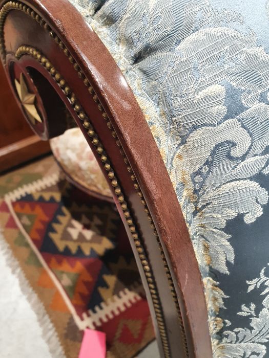 Regency sofa in blue ground foliate upholstery, outswept legs with brass caps and castors  Condition - Image 5 of 16