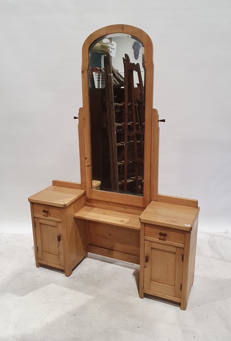 Pine Art Deco-style dressing table, the single long mirror on pine base with two drawers and two