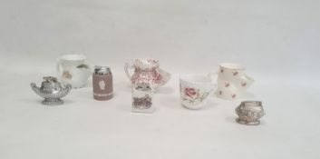Three pottery shaving mugs, a porcelain moustache mug and four table lighters (8)