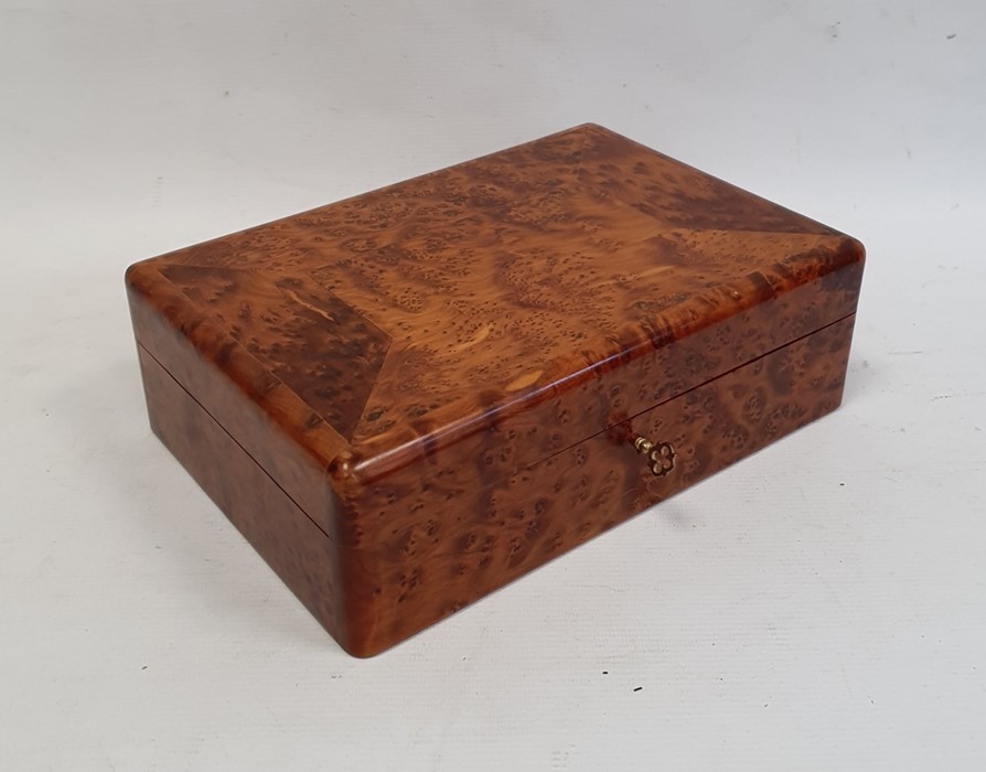 Modern burrwood box of rectangular form with fitted interior, 26cm long and a pair of matching tea - Image 2 of 6