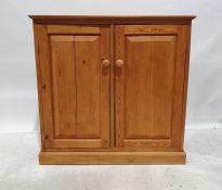 Pine cupboard, the rectangular top above two panelled cupboard doors, on plinth base, 113cm x 112cm