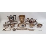 Silver plated three-piece tea set, a silver plated mug, silver plated serving dishes, toast rack,