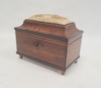 19th century mahogany sewing box, the domed cover with inset pin cushion, 22cm long