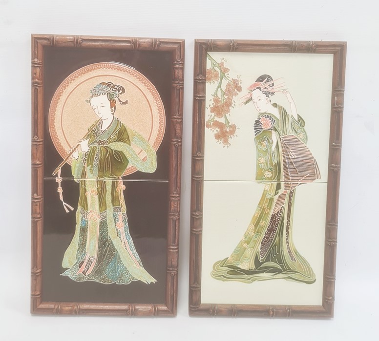 Pair of modern tile plaques, one depicting a lady with elaborate hair ornaments the other a musician