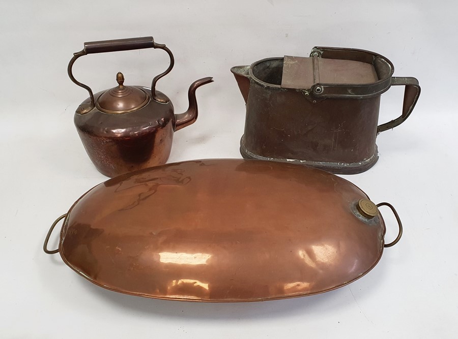 Large two-handled copper warmer of oval design, possibly a coaching foot warmer, 69cm long, a copper