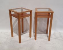 Pair of modern beech side tables with glazed tops (2)