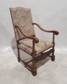 Early 20th century Carolean-style armchair with upholstered seat and back, acanthus carved arm