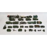 Box of assorted playworn military vehicles to include Dinky Supertoys, Medium Artillery tractor 689,