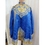 Chinese embroidered silk robe, brass button with relief pattern and silk loop fastenings, borders