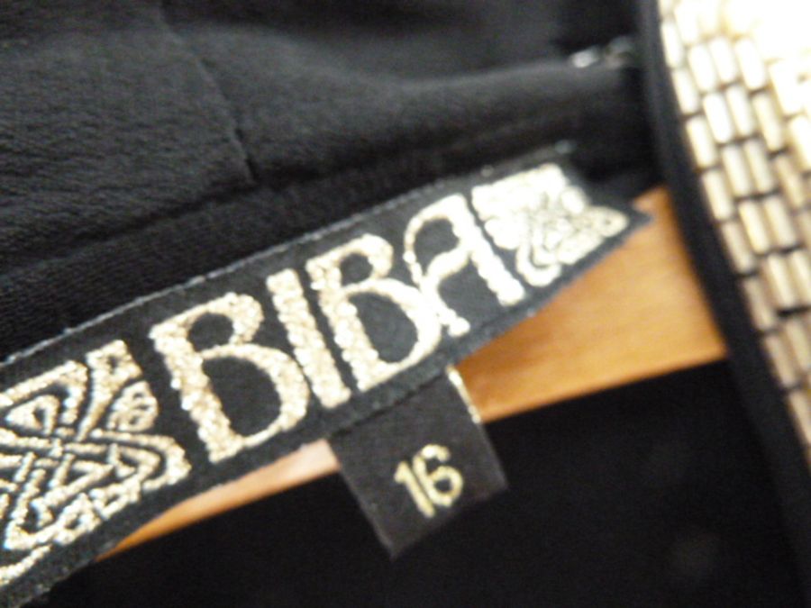 1980's/'90'S Biba black 1920's style dress , with bugle bead decoration to neck and ribbon drapes, - Image 3 of 5