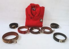 Ralph Lauren woollen red jacket/cardigan, scarves and various mid-20th century leather belts (1 box)