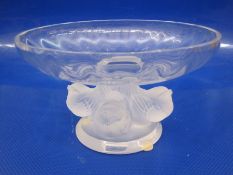 Lalique pedestal bowl, bird decorated, relief base, marked to base with Lalique box, 14cm high x