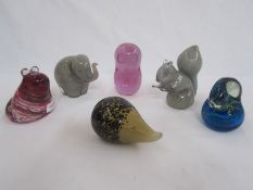 Quantity of Wedgwood model paperweights to include elephant, squirrel, frog, hedgehog, a Mdina glass