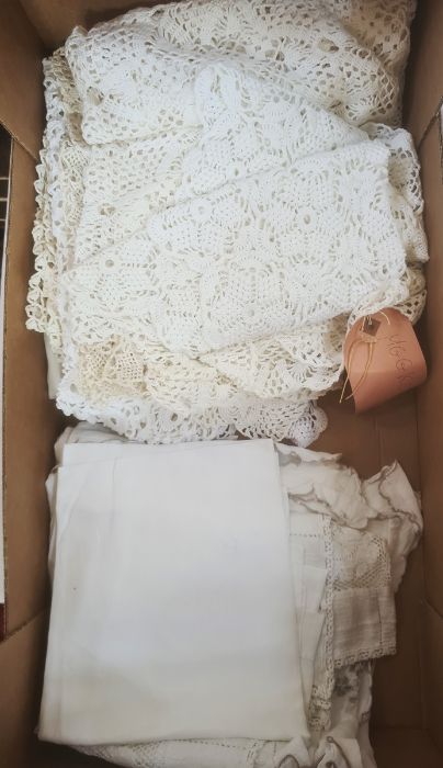 Assorted table linen, drawn thread table cloths, crochet, embroidered, etc (1 box) - Image 2 of 2