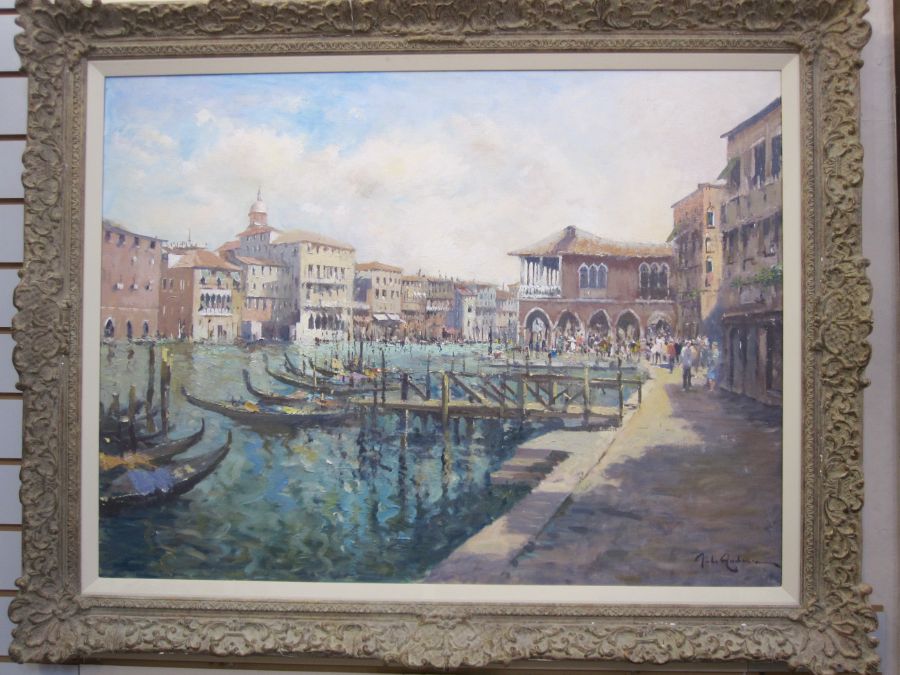 John Ambrose (1931-2010) Oil on canvas Venetian scene, view across canal with figures on pavement,