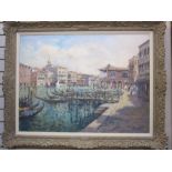 John Ambrose (1931-2010) Oil on canvas Venetian scene, view across canal with figures on pavement,