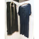 1980's/'90'S Biba black 1920's style dress , with bugle bead decoration to neck and ribbon drapes,