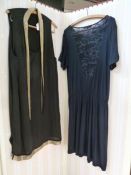 1980's/'90'S Biba black 1920's style dress , with bugle bead decoration to neck and ribbon drapes,