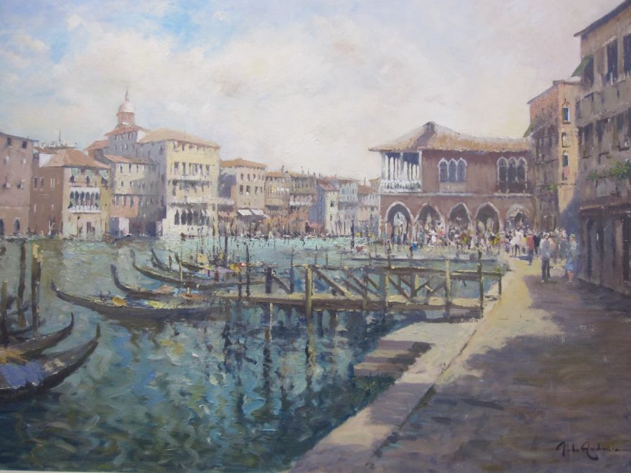 John Ambrose (1931-2010) Oil on canvas Venetian scene, view across canal with figures on pavement, - Image 2 of 6