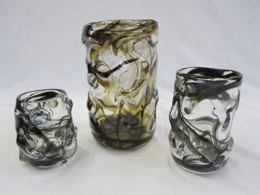 Large Whitefriars knobbly clear glass vase with brown swirls, 24cm high and two smaller knobbly