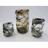 Large Whitefriars knobbly clear glass vase with brown swirls, 24cm high and two smaller knobbly