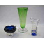 Three pieces of 20th century glass to include a large green and clear glass tapering vase with
