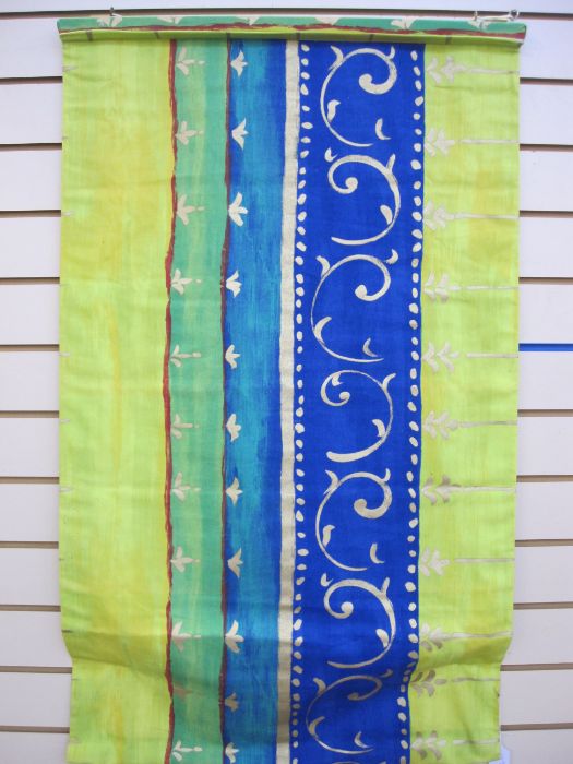 Pair of green, lime and blue striped curtains with gold coloured decoration, roman blind and tie - Image 3 of 3