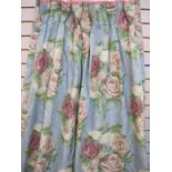 Pair of blue ground, rose patterned fabric curtains 70 x 255cm (2) (approx)