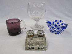 20th century clear glass stepped inkwell, an 'ER Coronation June 2nd 1953' clear glass pedestal cup,
