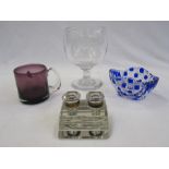 20th century clear glass stepped inkwell, an 'ER Coronation June 2nd 1953' clear glass pedestal cup,