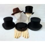 Vintage top hat labelled Battersby & Co., London, made in France, three black collapsing opera