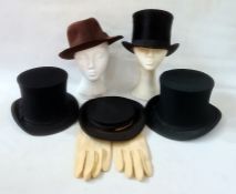 Vintage top hat labelled Battersby & Co., London, made in France, three black collapsing opera