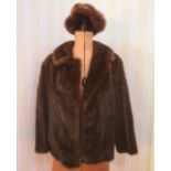 Dark brown mink jacket, half belt, bracelet sleeves, embroidered lining and a mink hat (2)