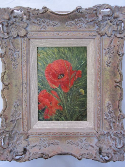 S A Neal  Oil on board Poppies, signed lower right, 15.5cm x 10.5cm