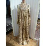 Jean Varon - early 1970's maxi dress, full pleated skirt from high waist under yoke, high neck,