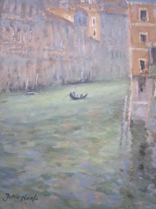 John Neale (20th century) Oil on board Venetian scene, view from the Academy Bridge, canal with - Image 2 of 2
