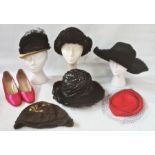 Assorted vintage hats 1950's, and later, a 1920's cloche hat, with gilt thread, a pair of pink satin