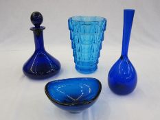 Thomas Webb blue glass decanter, a blue glass vase, a 20th century tapering bright blue glass vase