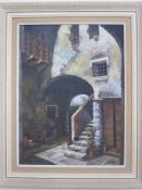 Holly (contemporary school) Oil on canvas Mediterranean house with steps and arch, signed lower