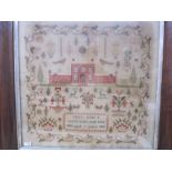Large sampler, Mary Jones' Work in the year 1848, aged 9 years, flower border, red brick house