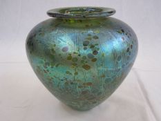 Studio art vase, of ovoid form with everted rim, iridescent in green and purple, unmarked to base,