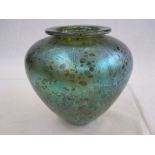 Studio art vase, of ovoid form with everted rim, iridescent in green and purple, unmarked to base,