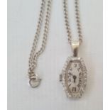 Art Deco platinum and diamond wristwatch face adapted as a pendant on silver chain, 17.2g total