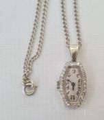 Art Deco platinum and diamond wristwatch face adapted as a pendant on silver chain, 17.2g total