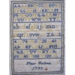 Sampler with alphabet and numbers by Mary Hodson 1799, backed onto paper, blue and yellow thread (