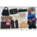 Jaeger scarf and matching clutch bag, assorted handbags, assorted scarfs to include Chanel,