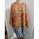 Chinese embroidered silk  Dragon robe, apricot ground, gold thread embroidered with five-clawed