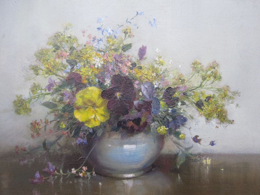 Vernon Ward (1905-1985)  Oil on board Pansies and other flowers in a bowl, signed top right, 24cm - Image 2 of 2